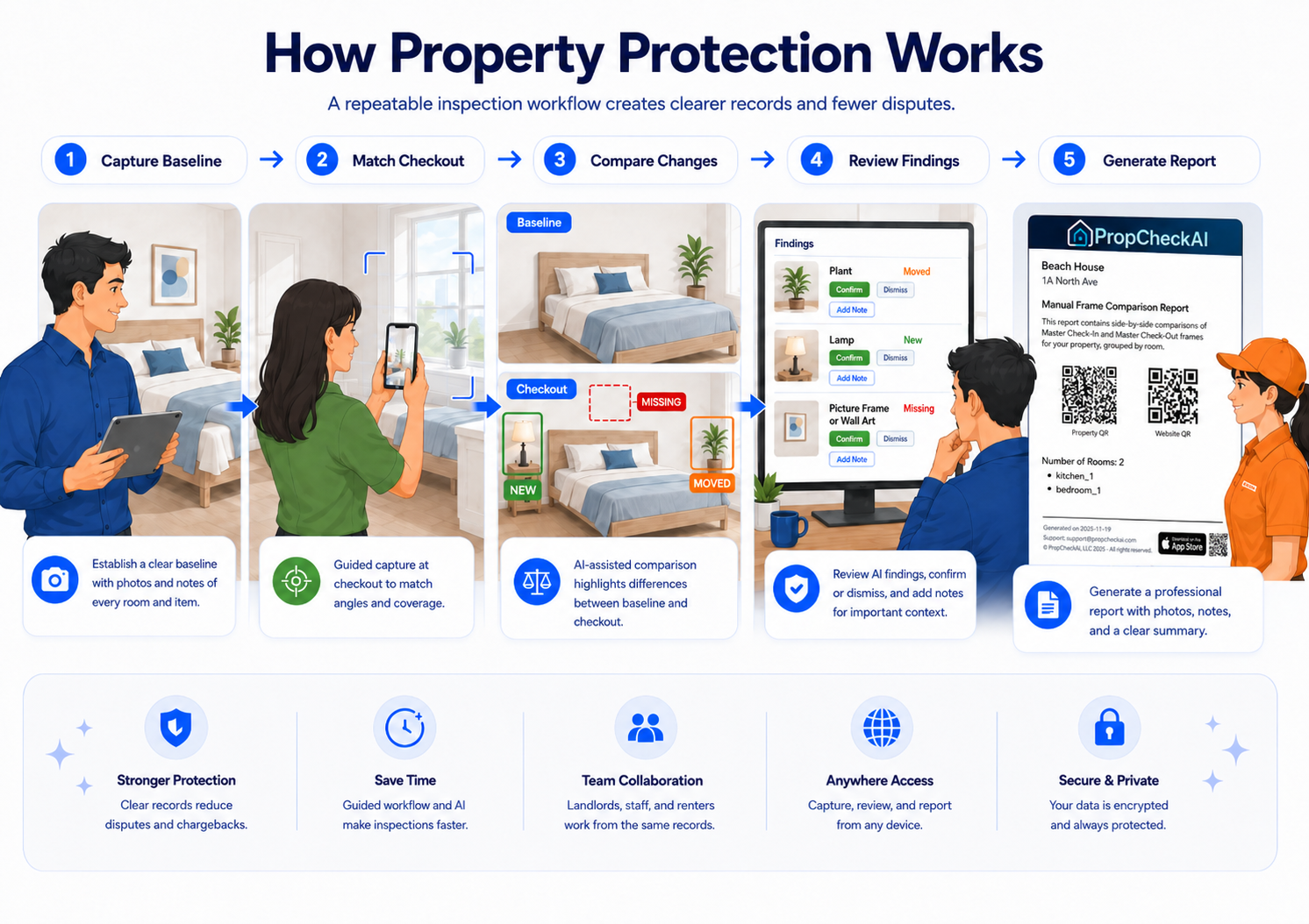 Illustration showing how property protection works through a repeatable workflow: capture baseline, match checkout, compare changes, review findings, and generate a report.
