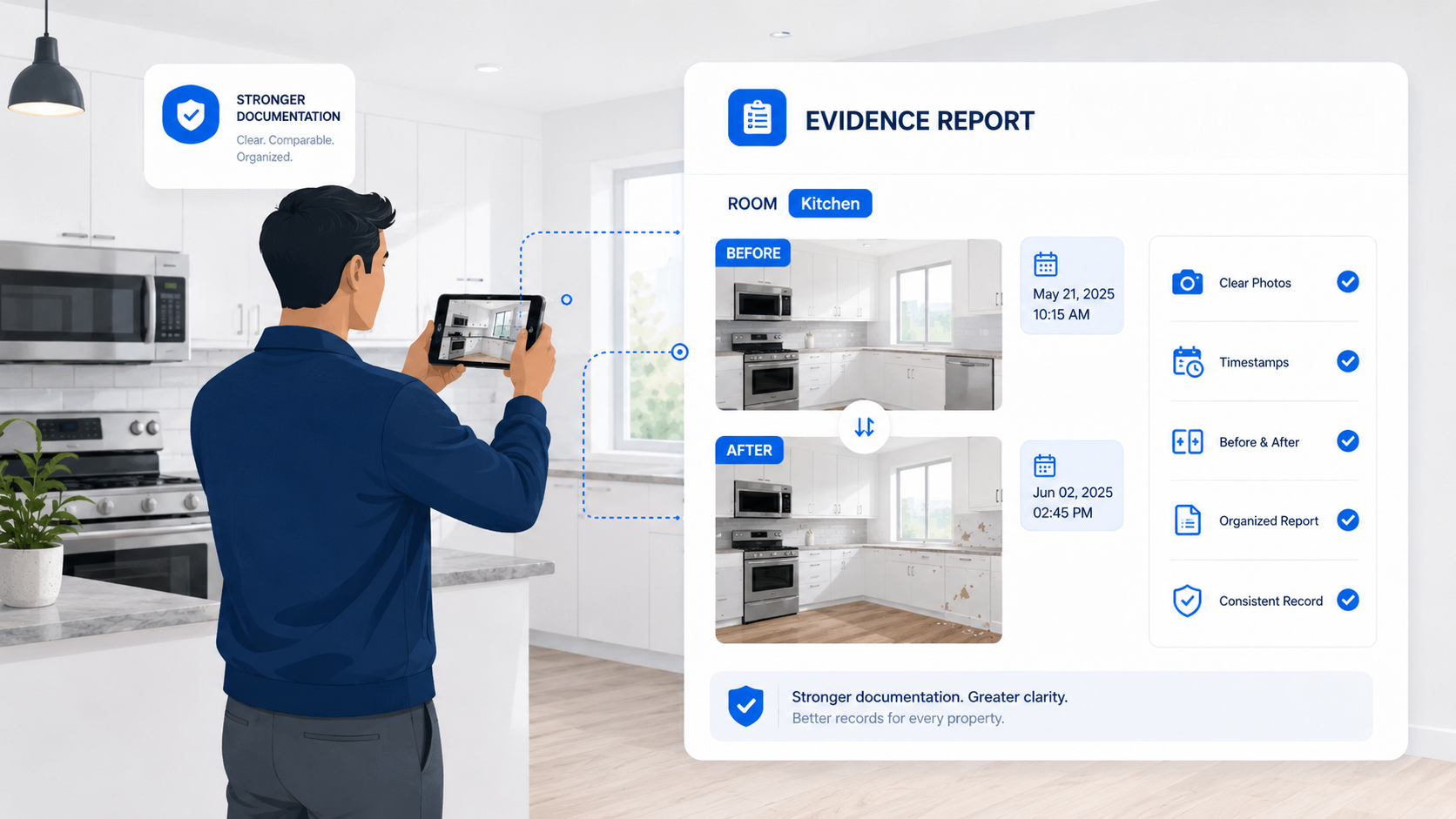 Educational illustration of a rental inspection reporting dashboard in a kitchen