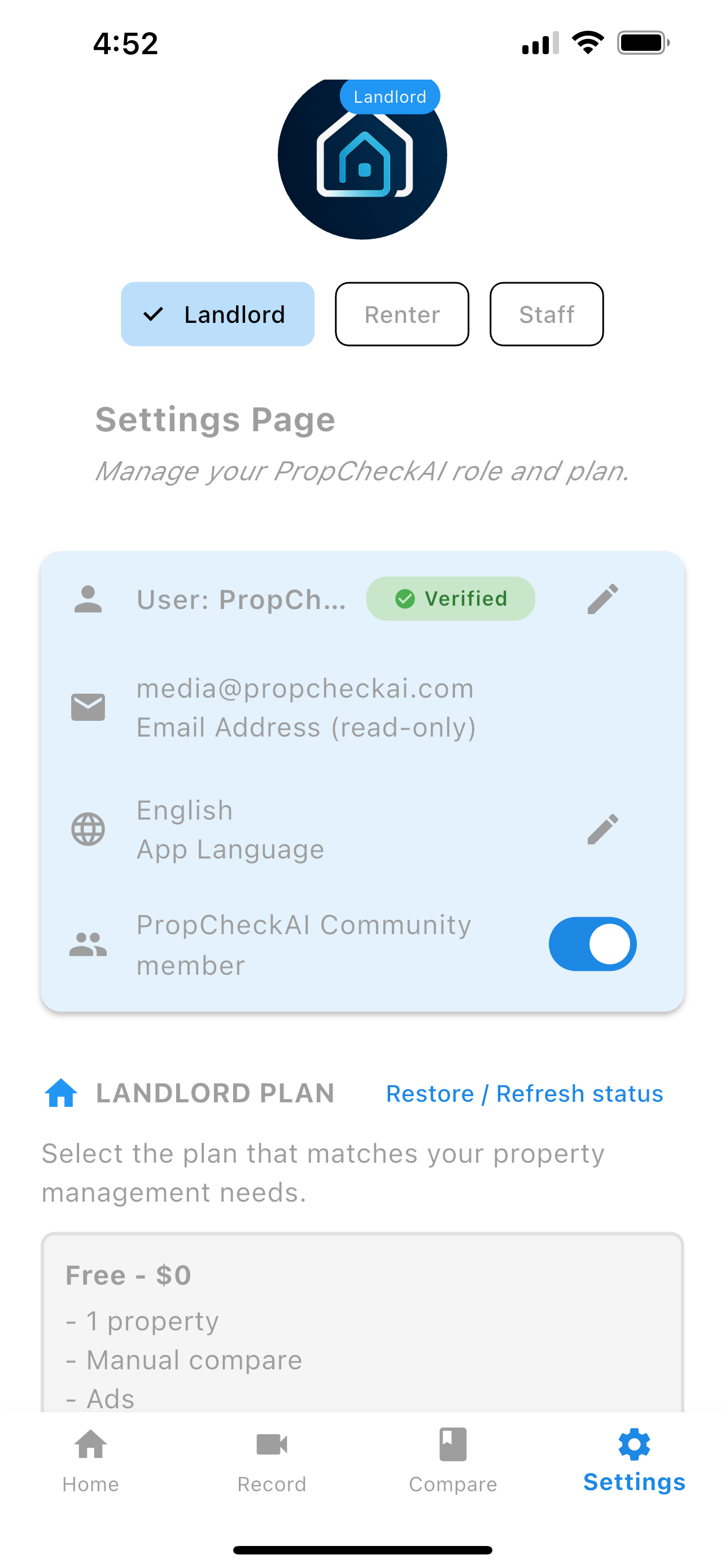 Settings screen