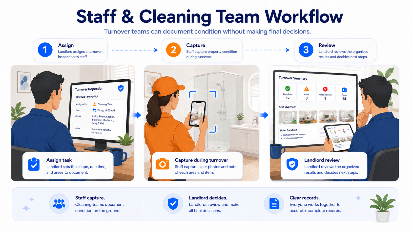 Educational concept illustration of a staff and cleaning team workflow