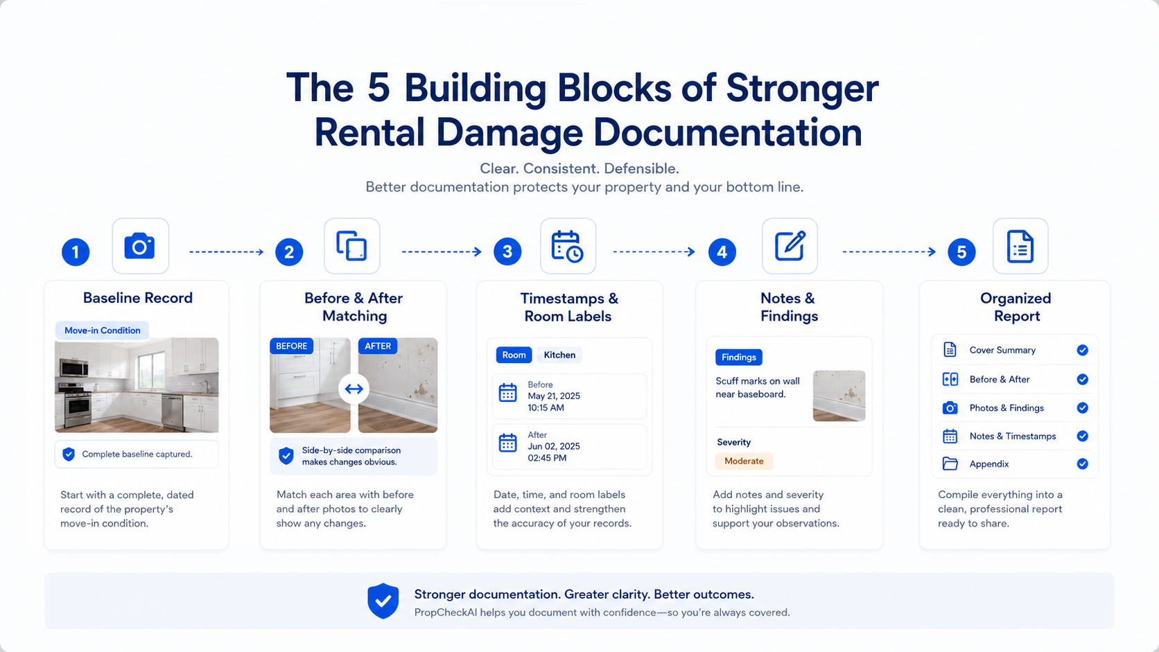 Educational illustration of the five building blocks of stronger documentation